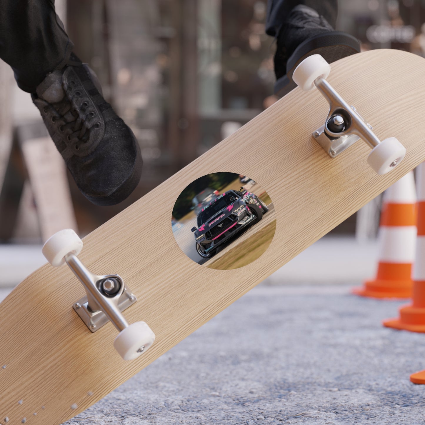 Round Transparent Outdoor Sticker — Pink Drift Mustang Car Design