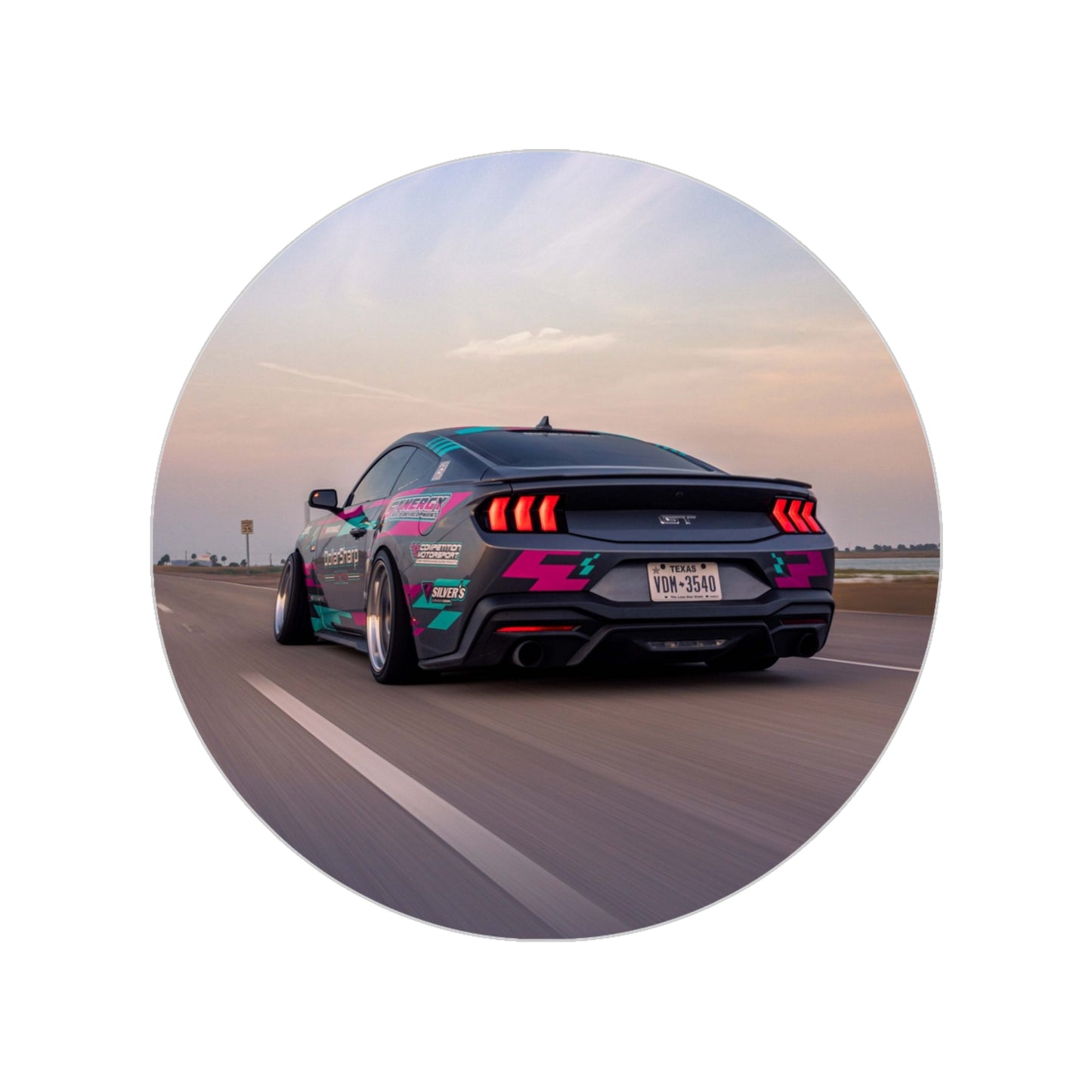 Round Transparent Car Sticker — Sunset Racing Mustang Design