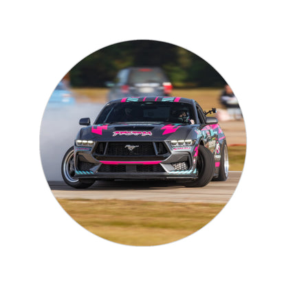 Round Transparent Outdoor Sticker — Pink Drift Mustang Car Design
