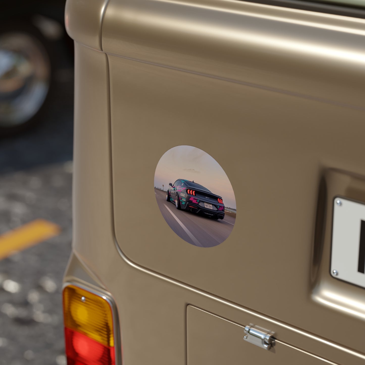 Round Transparent Car Sticker — Sunset Racing Mustang Design