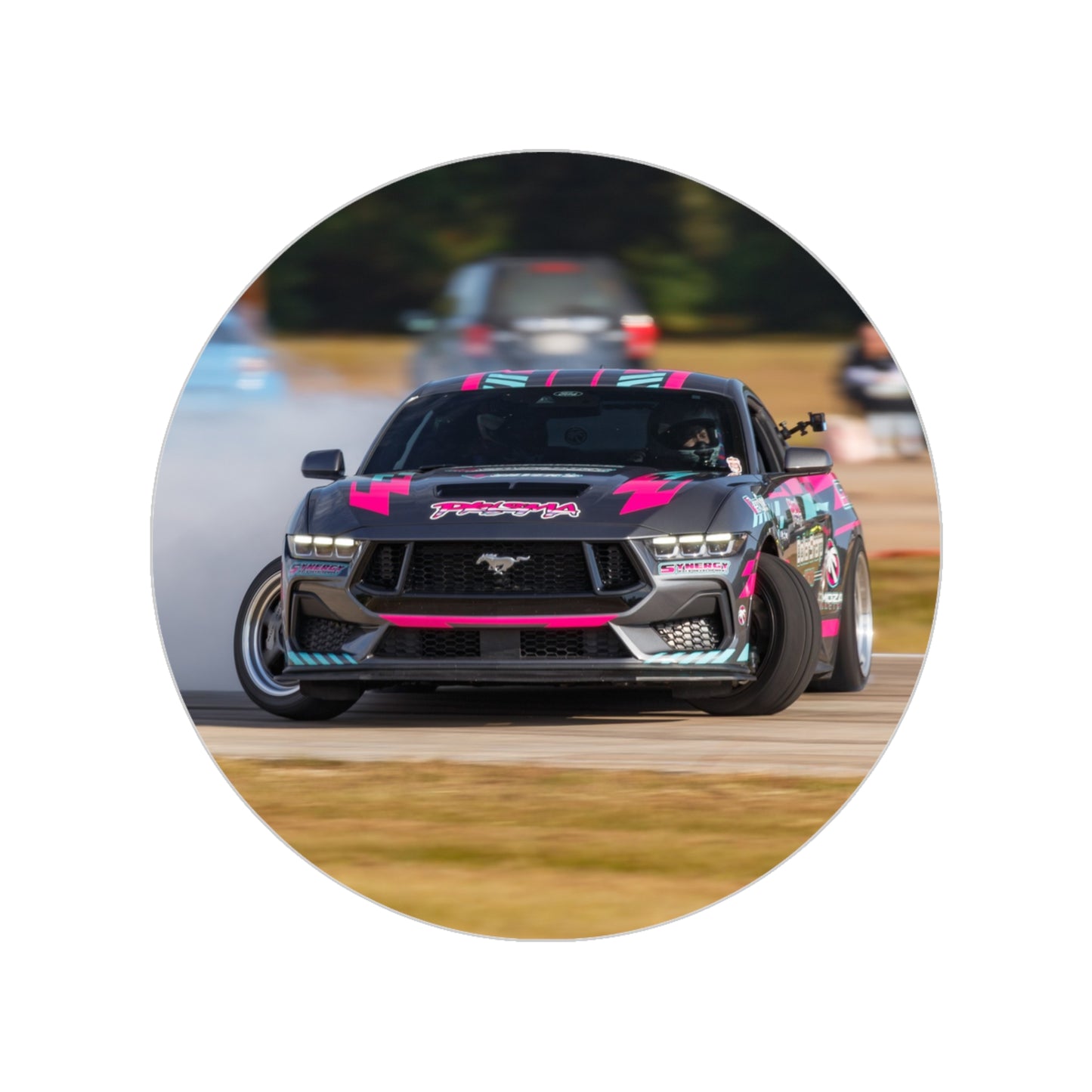 Round Transparent Outdoor Sticker — Pink Drift Mustang Car Design