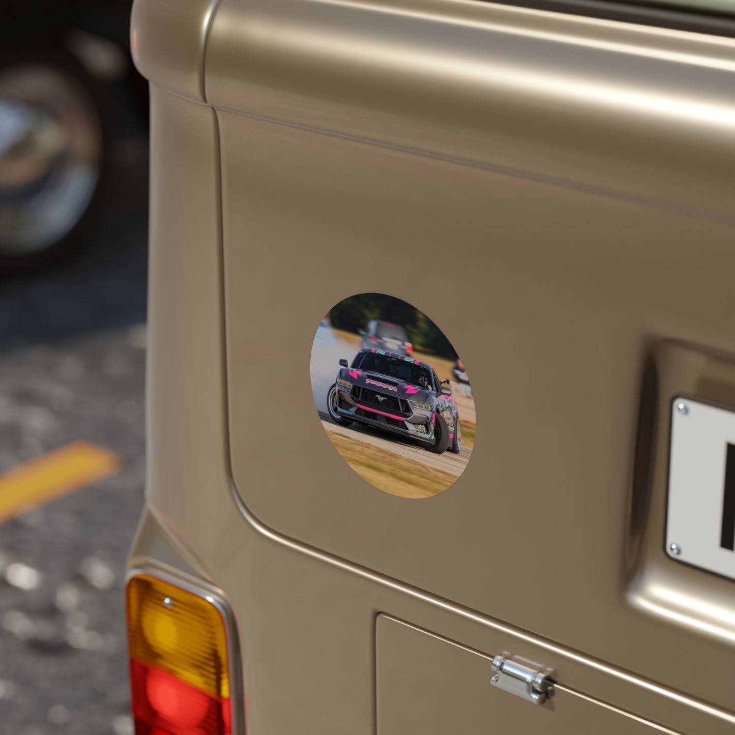 Round Transparent Outdoor Sticker — Pink Drift Mustang Car Design