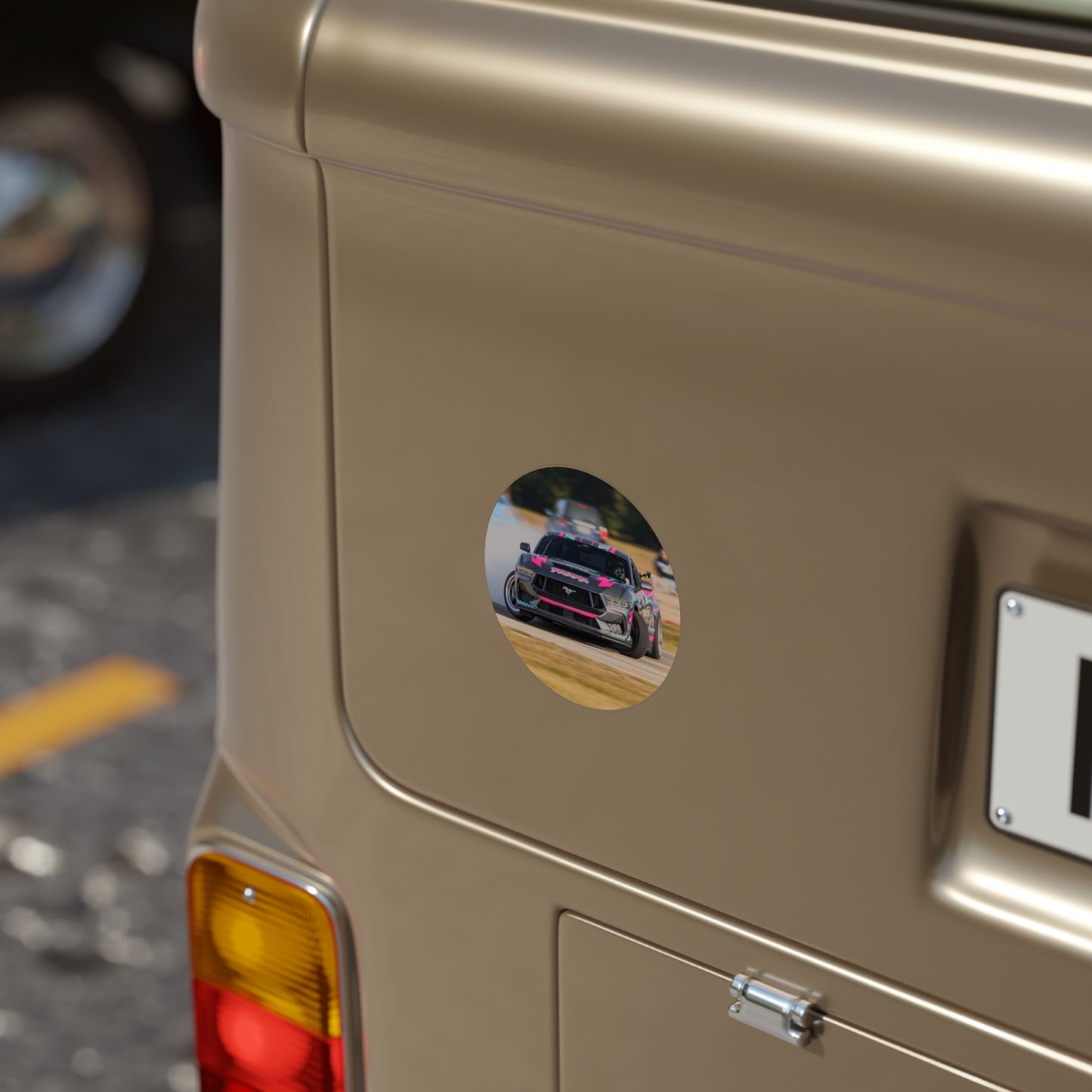 Round Transparent Outdoor Sticker — Pink Drift Mustang Car Design