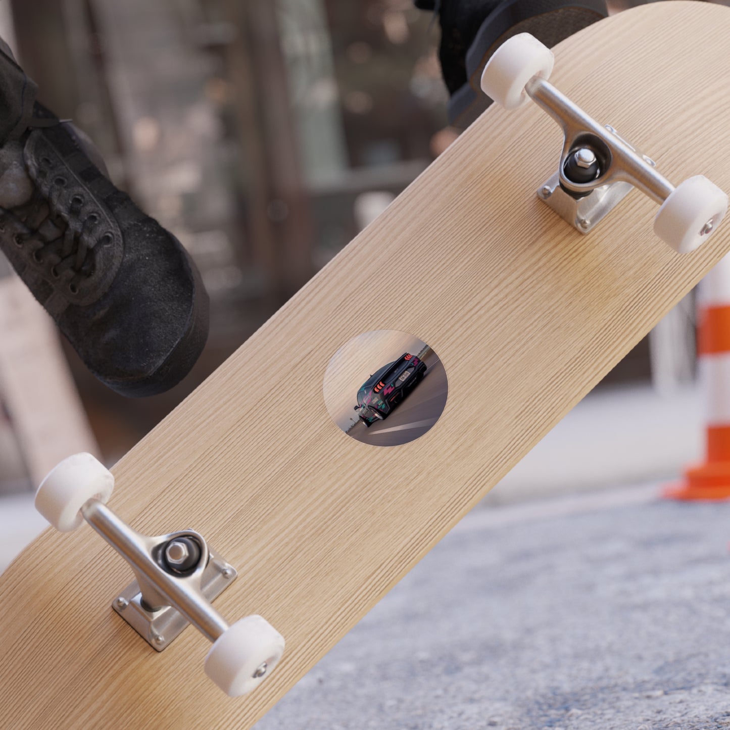 Round Transparent Car Sticker — Sunset Racing Mustang Design