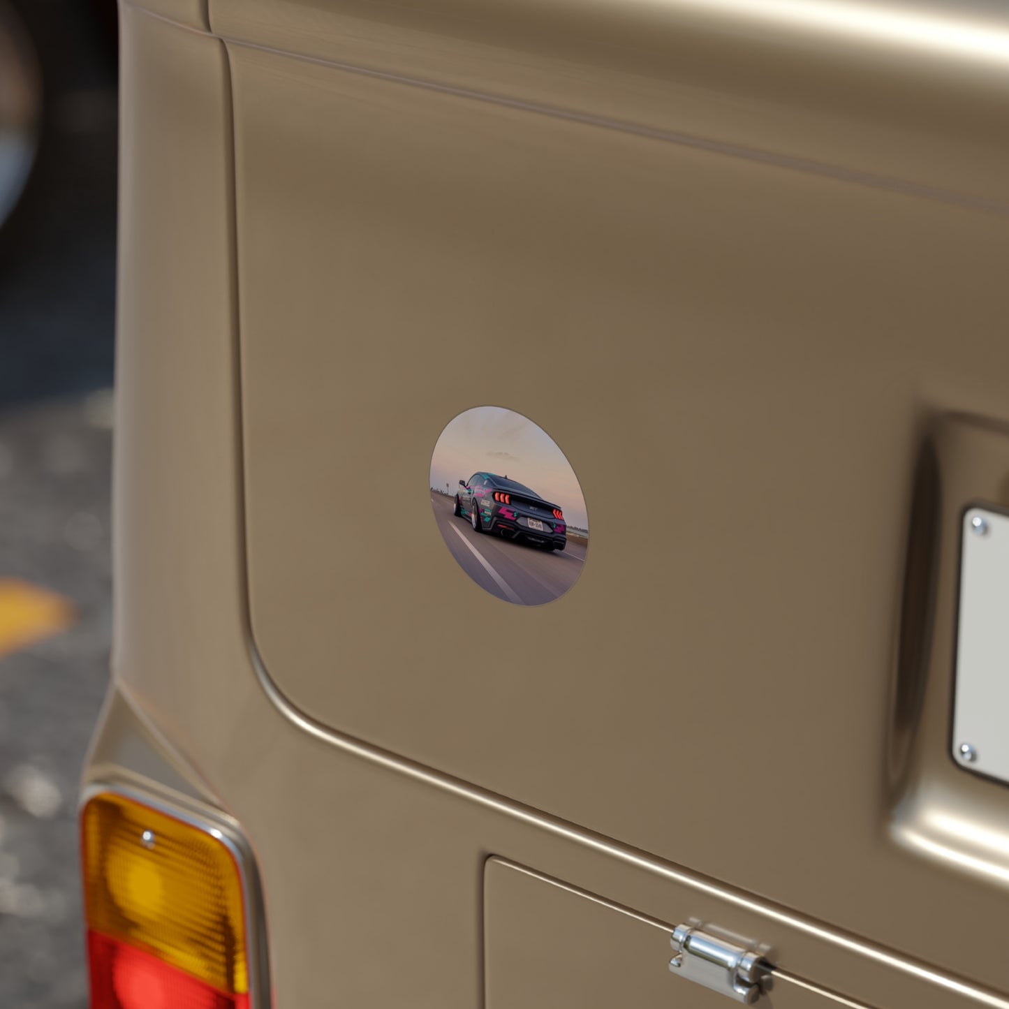 Round Transparent Car Sticker — Sunset Racing Mustang Design