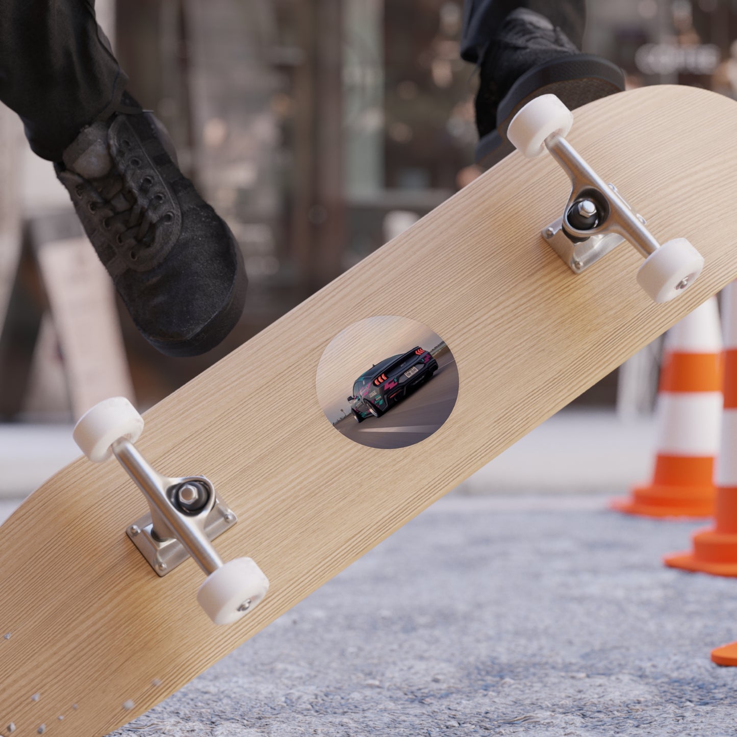 Round Transparent Car Sticker — Sunset Racing Mustang Design