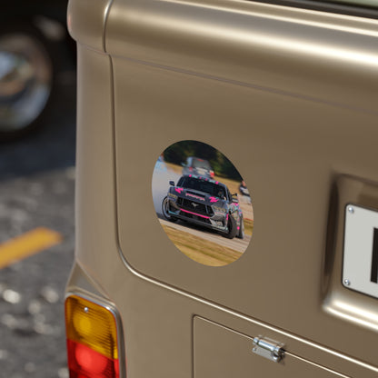 Round Transparent Outdoor Sticker — Pink Drift Mustang Car Design