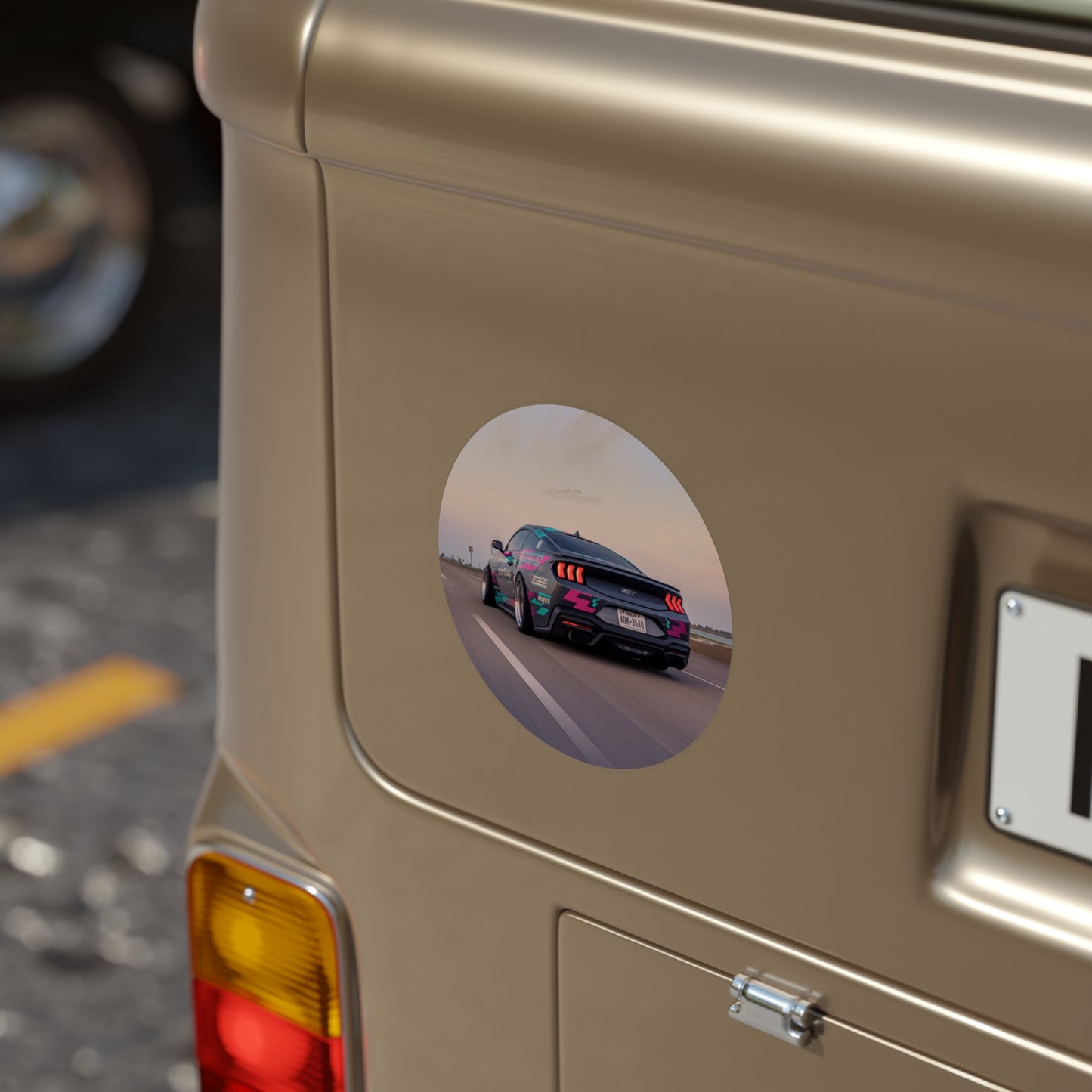 Round Transparent Car Sticker — Sunset Racing Mustang Design